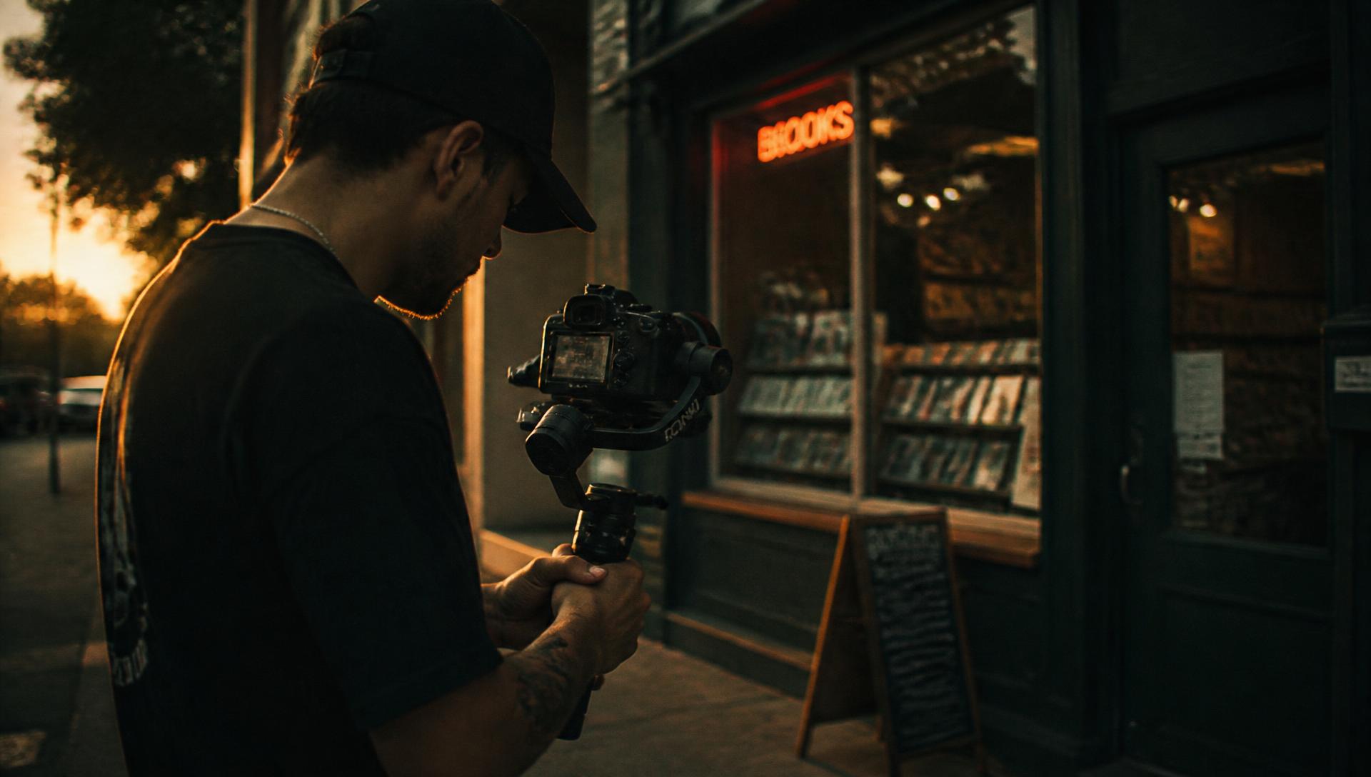 Carter Clover filming outside a small business at golden hour